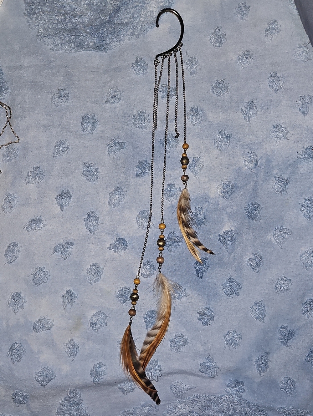 Boho Feather Chain Ear Accessory with Beads - Brown & Tan